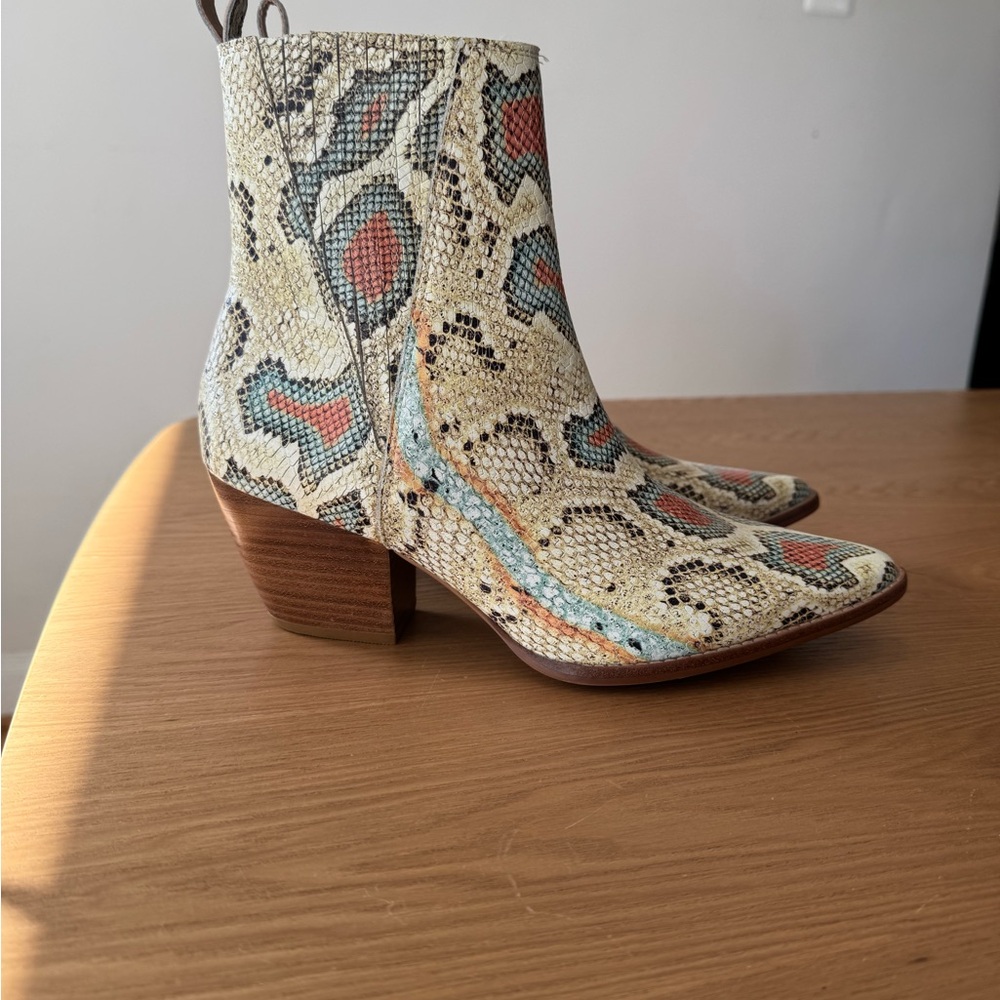Matisse Cream Snake-Print Ankle Boots with Blue & Coral Accents